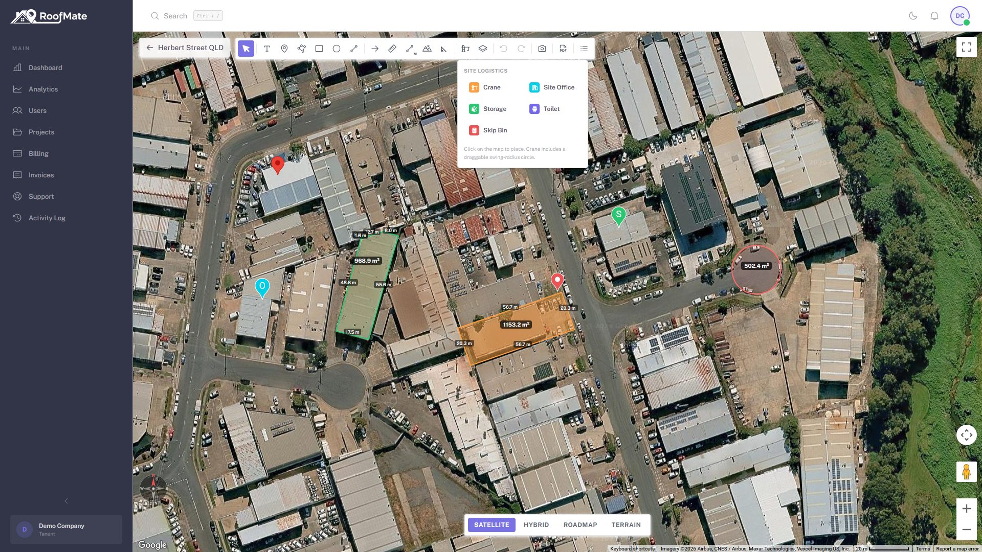 RoofMate Site Logistics toolbar popover open over a satellite map, showing chips for Crane, Site Office, Storage, Toilet and Skip Bin